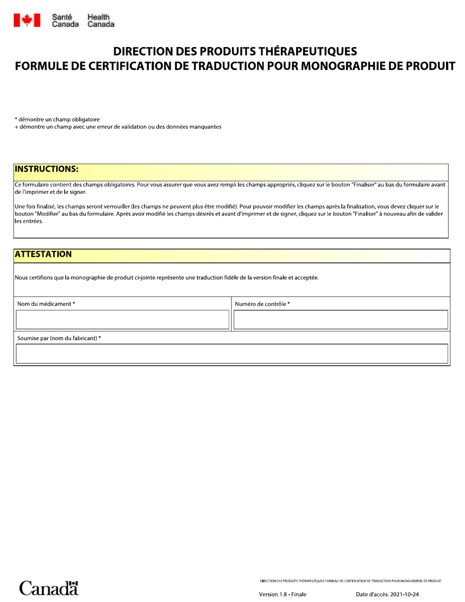 Formule De Certification De Traduction Pour Monographie De Produit - Canada (French), Page 1