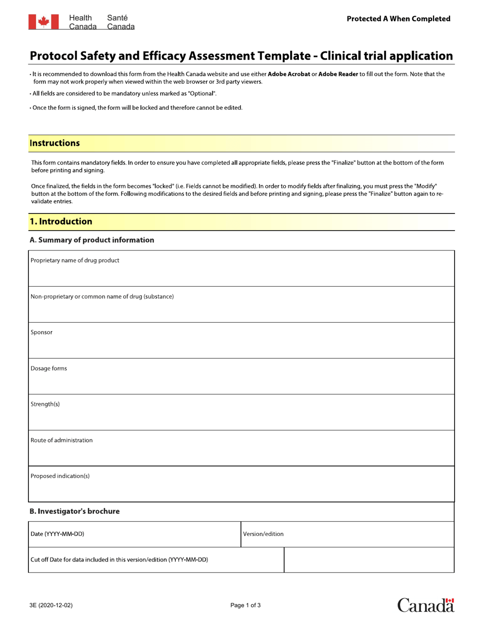 Protocol Safety and Efficacy Assessment Template - Clinical Trial Application - Canada, Page 1