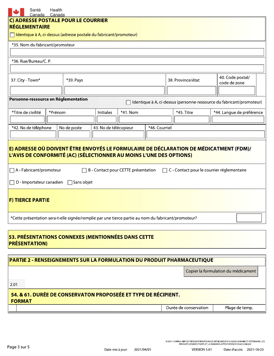 Forme SC3011 Formulaire De Presentation Pour Les Medicaments a Usage Humain Et Veterinaire, Les Produits Desinfectants Et La Demande / Attestation Dessai Clinique - Canada (French), Page 3