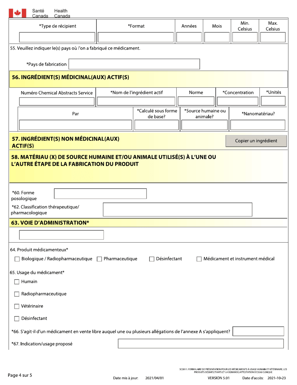 Forme SC3011 Formulaire De Presentation Pour Les Medicaments a Usage Humain Et Veterinaire, Les Produits Desinfectants Et La Demande / Attestation Dessai Clinique - Canada (French), Page 4