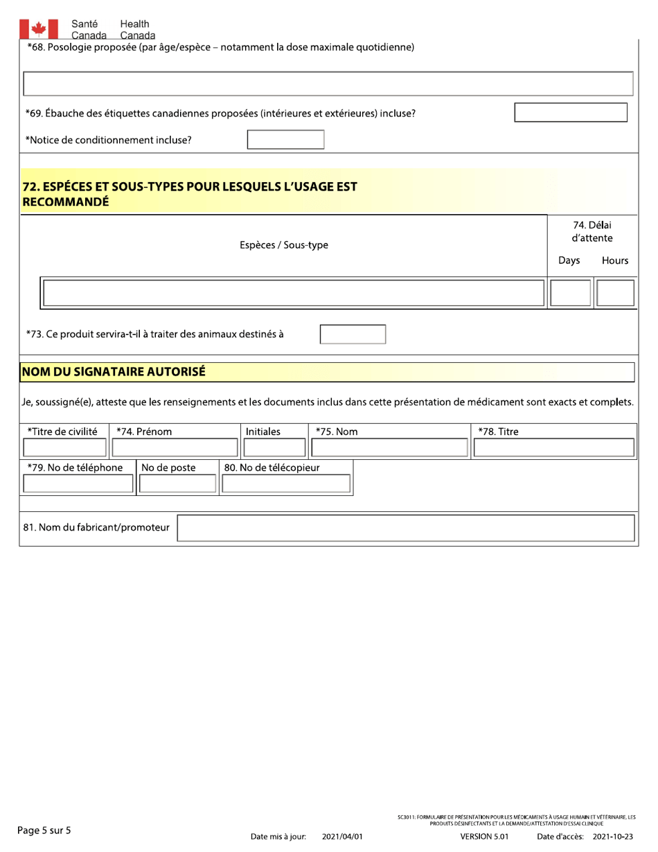 Forme SC3011 Formulaire De Presentation Pour Les Medicaments a Usage Humain Et Veterinaire, Les Produits Desinfectants Et La Demande / Attestation Dessai Clinique - Canada (French), Page 5