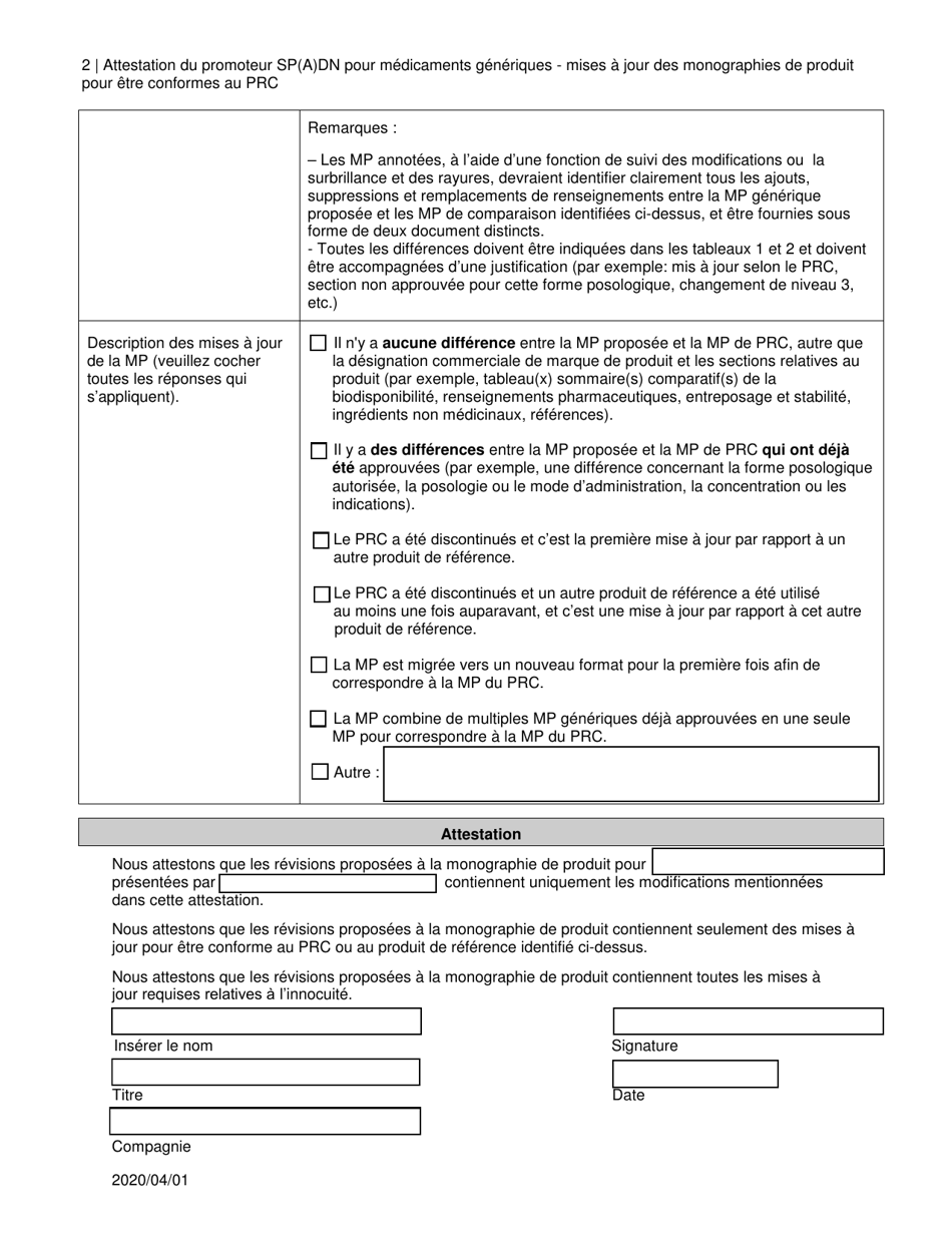 Attestation Du Promoteur Sp(A)dn Pour Medicaments Generiques - Mises a Jour DES Monographies De Produit Pour Etre Conformes Au Prc - Canada (French), Page 2