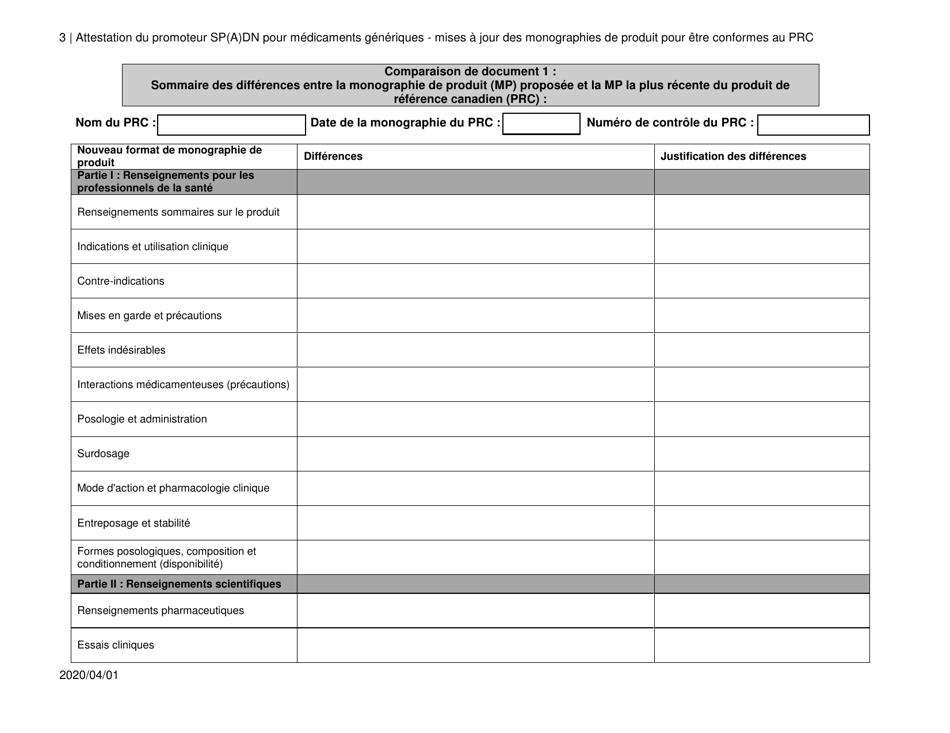 Attestation Du Promoteur Sp(A)dn Pour Medicaments Generiques - Mises a Jour DES Monographies De Produit Pour Etre Conformes Au Prc - Canada (French), Page 3