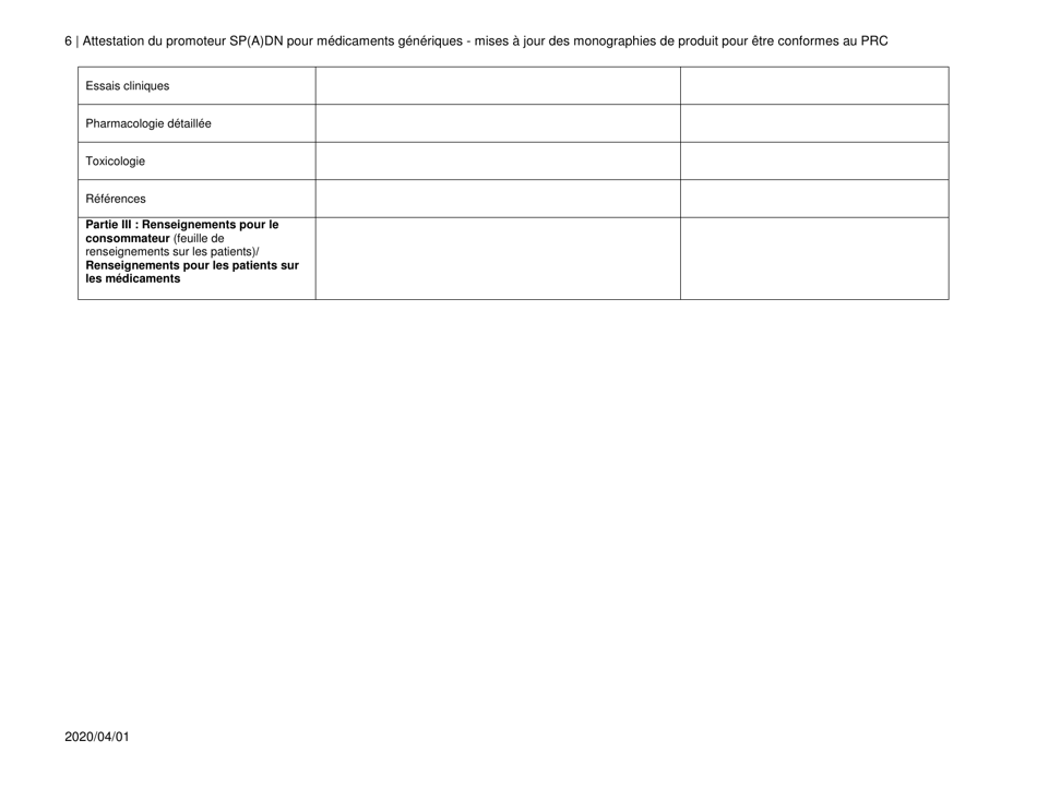 Attestation Du Promoteur Sp(A)dn Pour Medicaments Generiques - Mises a Jour DES Monographies De Produit Pour Etre Conformes Au Prc - Canada (French), Page 6