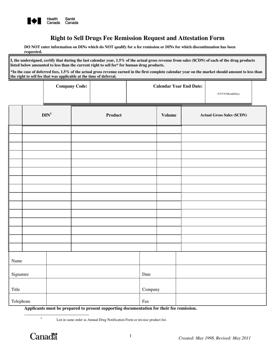 Right to Sell Drugs Fee Remission Request and Attestation Form - Canada, Page 1
