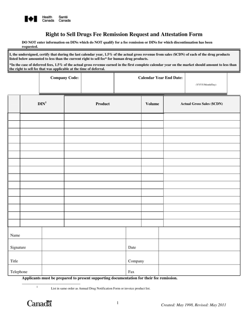 Right to Sell Drugs Fee Remission Request and Attestation Form - Canada Download Pdf