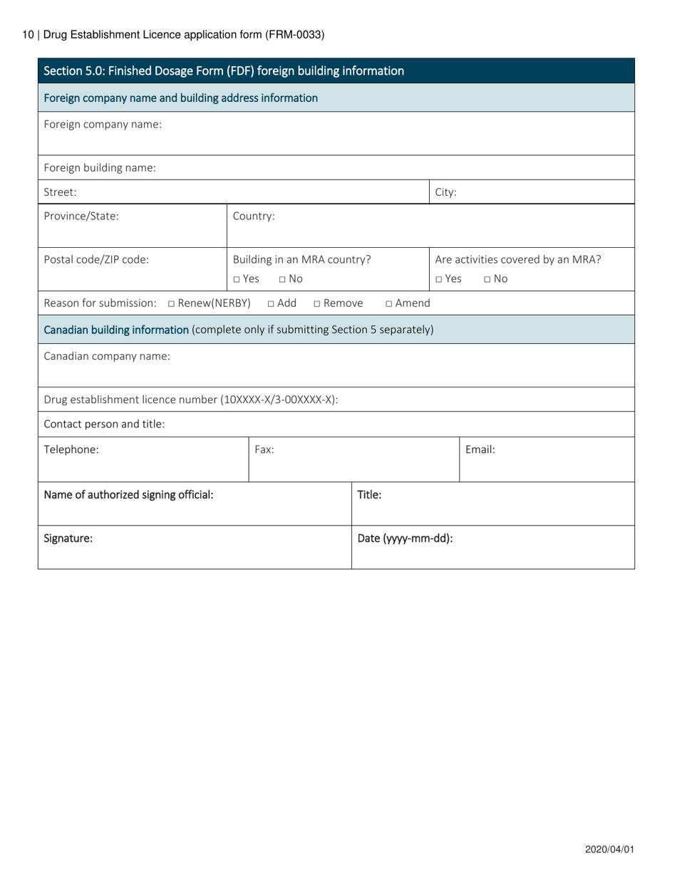 Form FRM-0033 Drug Establishment Licence (Del) Application Form - Canada, Page 10