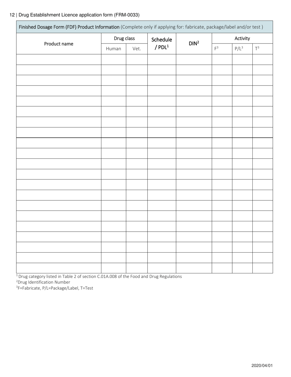 Form FRM-0033 Drug Establishment Licence (Del) Application Form - Canada, Page 12
