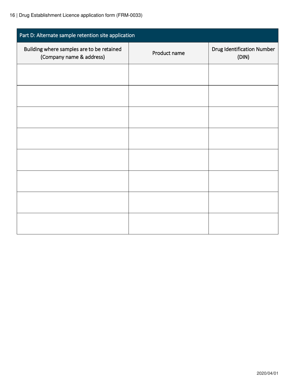Form FRM-0033 Drug Establishment Licence (Del) Application Form - Canada, Page 16
