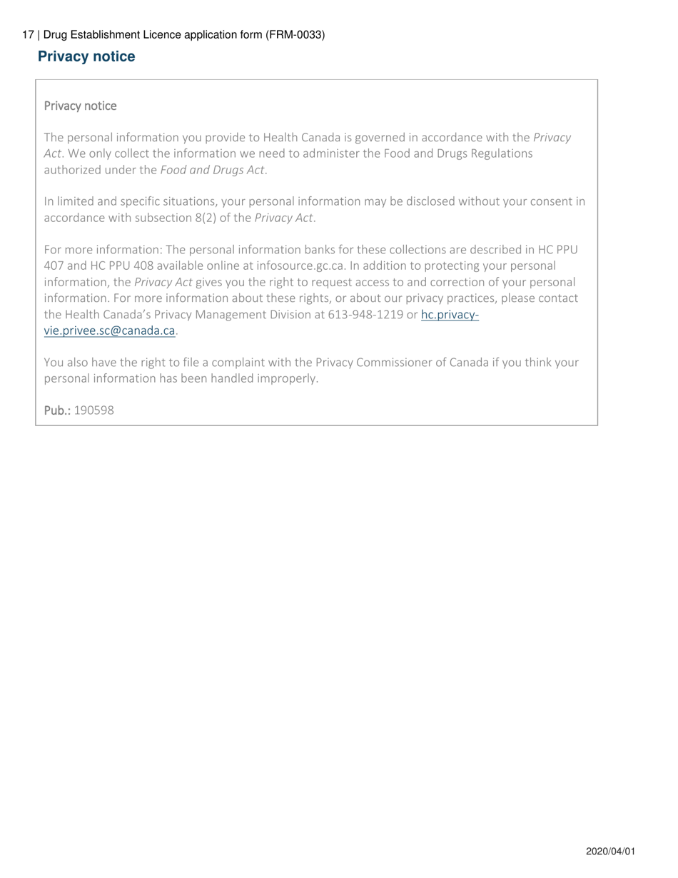 Form FRM-0033 Drug Establishment Licence (Del) Application Form - Canada, Page 17