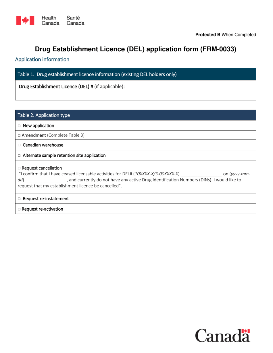 Form FRM-0033 Drug Establishment Licence (Del) Application Form - Canada, Page 1