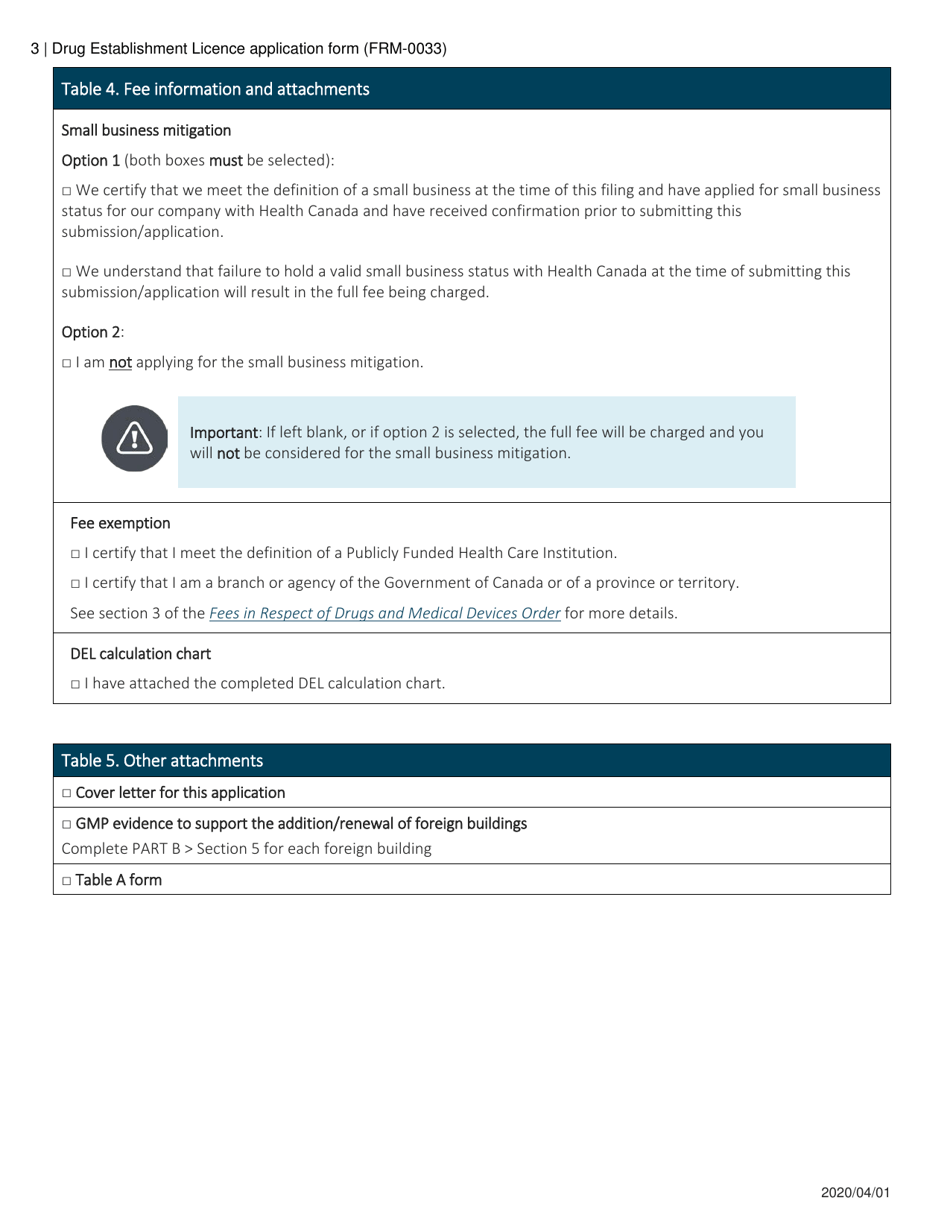 Form FRM-0033 Drug Establishment Licence (Del) Application Form - Canada, Page 3
