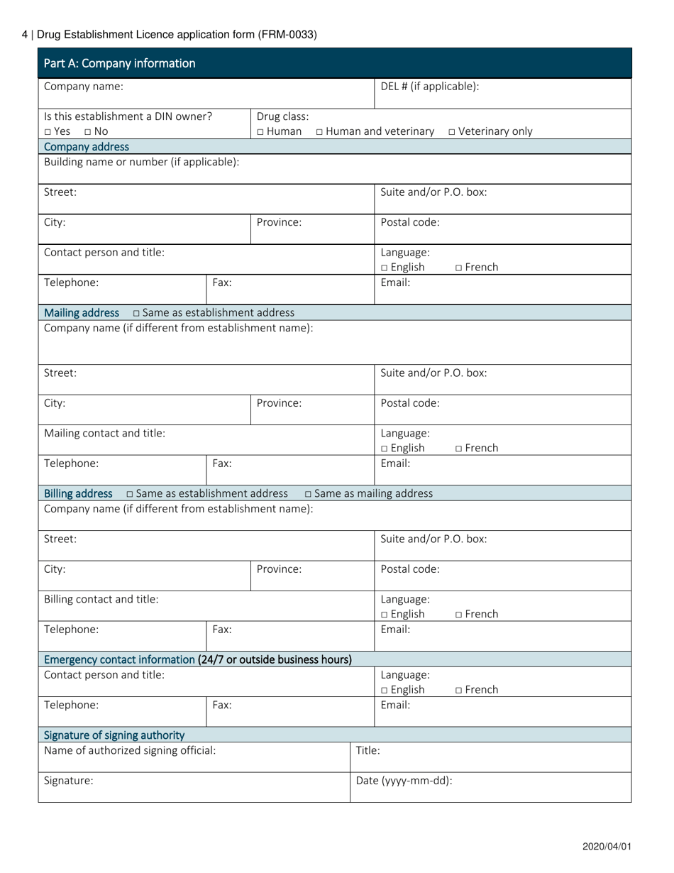 Form FRM-0033 Drug Establishment Licence (Del) Application Form - Canada, Page 4
