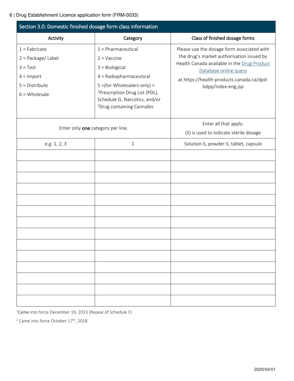 Form FRM-0033 Drug Establishment Licence (Del) Application Form - Canada, Page 6