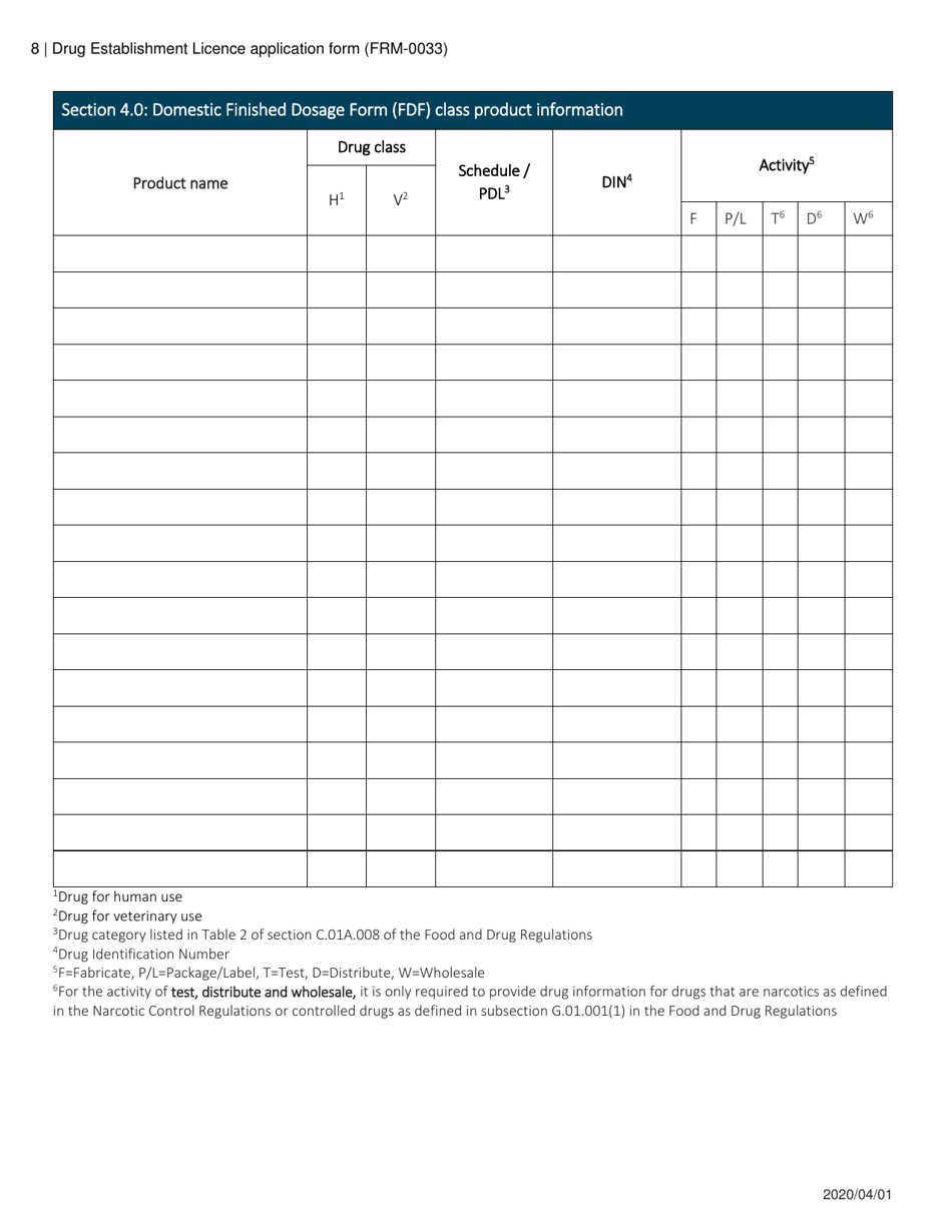 Form FRM-0033 Drug Establishment Licence (Del) Application Form - Canada, Page 8