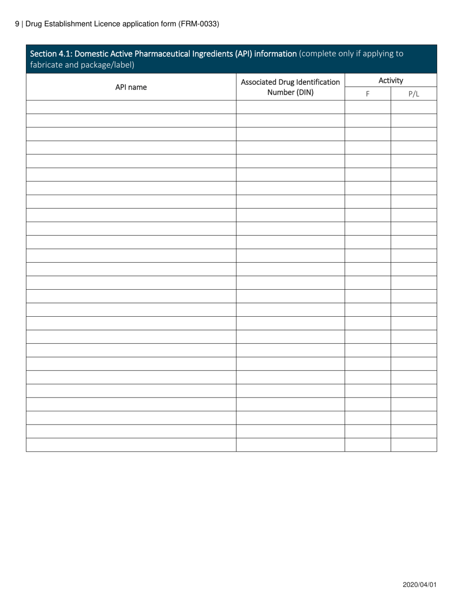 Form FRM-0033 Drug Establishment Licence (Del) Application Form - Canada, Page 9