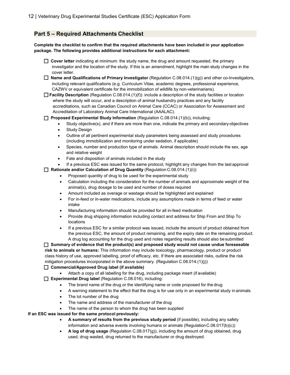 Veterinary Drug Experimental Studies Certificate (Esc) Application Form - Canada, Page 12