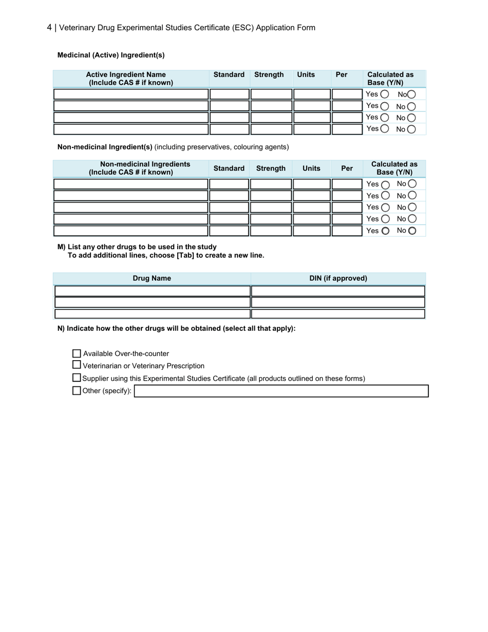 Veterinary Drug Experimental Studies Certificate (Esc) Application Form - Canada, Page 4