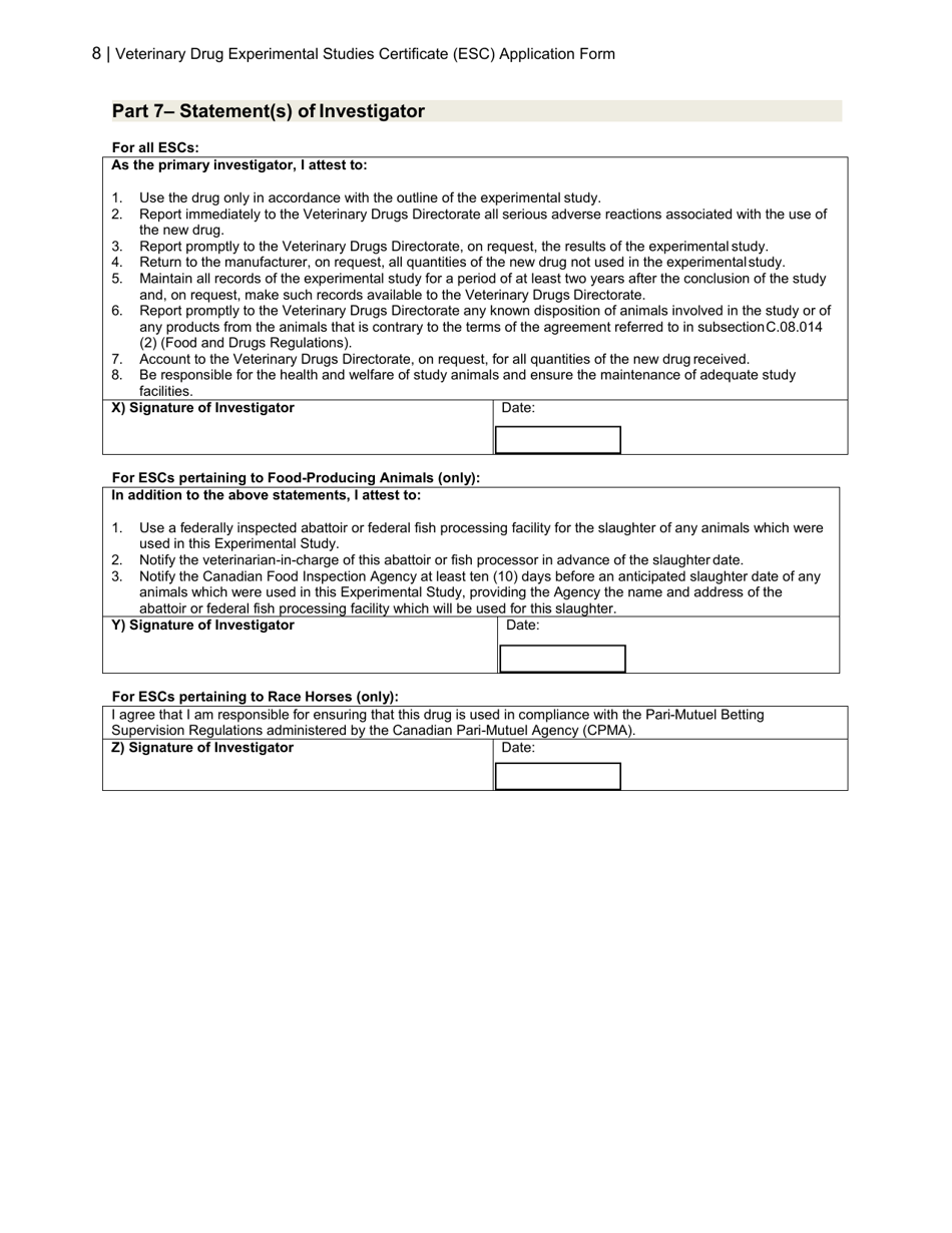 Veterinary Drug Experimental Studies Certificate (Esc) Application Form - Canada, Page 8