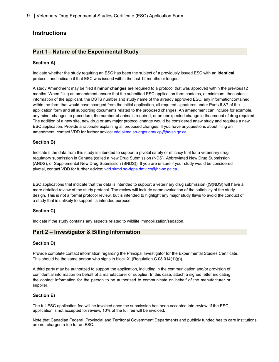 Veterinary Drug Experimental Studies Certificate (Esc) Application Form - Canada, Page 9