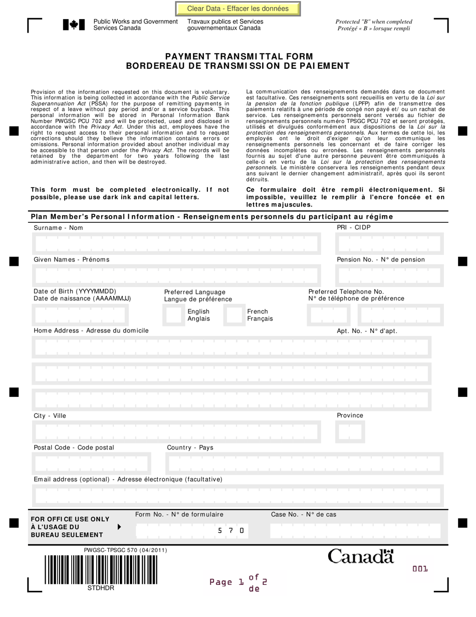 Form PWGSC-TPSGC570 Payment Transmittal Form - Canada (English / French), Page 1