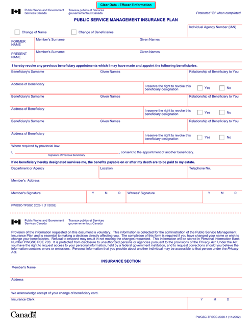 Form PWGSC-TPSGC2028-1 Public Service Management Insurance Plan - Canada (English/French)