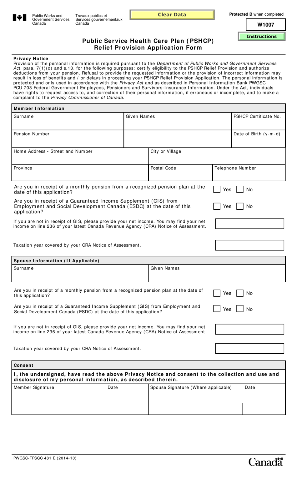 Form PWGSC-TPSGC481 Public Service Health Care Plan (Pshcp) Relief Provision Application Form - Canada, Page 1