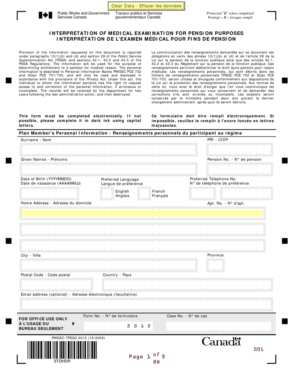 Form PWGSC-TPSGC2012 Interpretation of Medical Examination for Pension Purposes - Canada (English / French), Page 1