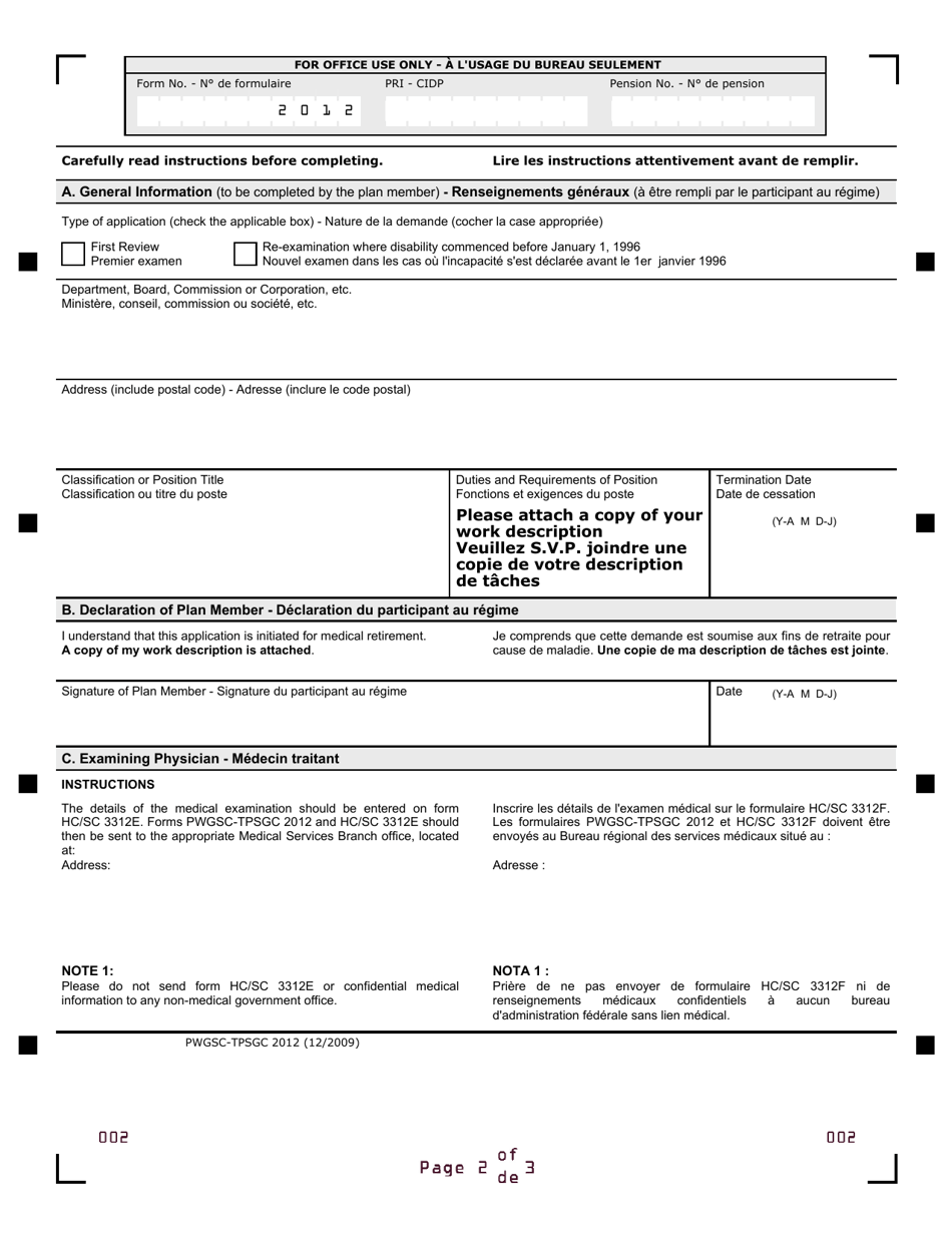 Form PWGSC-TPSGC2012 Interpretation of Medical Examination for Pension Purposes - Canada (English / French), Page 2