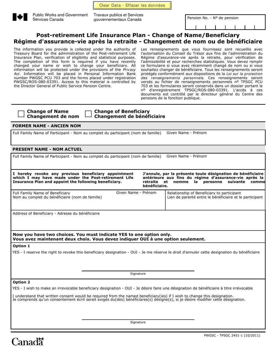 Form PWGSC-TPSGC2451-1 Post-retirement Life Insurance Plan - Change of Name / Beneficiary - Canada (English / French), Page 1