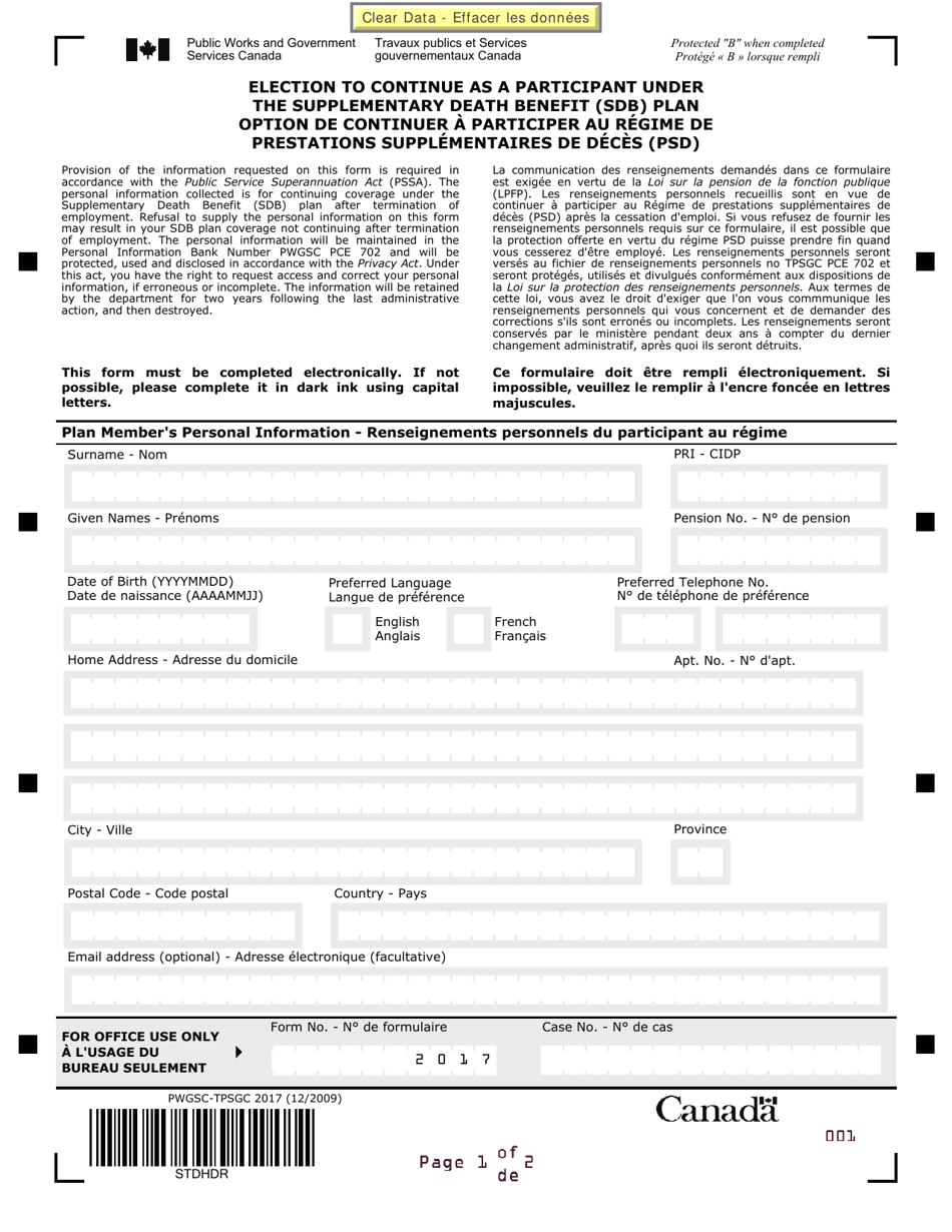 Form PWGSC-TPSGC2017 Election to Continue as a Participant Under the Supplementary Death Benefit (Sdb) Plan - Canada (English/French), Page 1