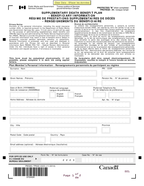Form PWGSC-TPSGC2223 Supplementary Death Benefit Plan - Beneficiary Information - Canada (English/French)