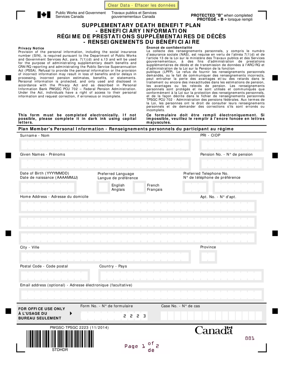 Form PWGSC-TPSGC2223 Supplementary Death Benefit Plan - Beneficiary Information - Canada (English / French), Page 1