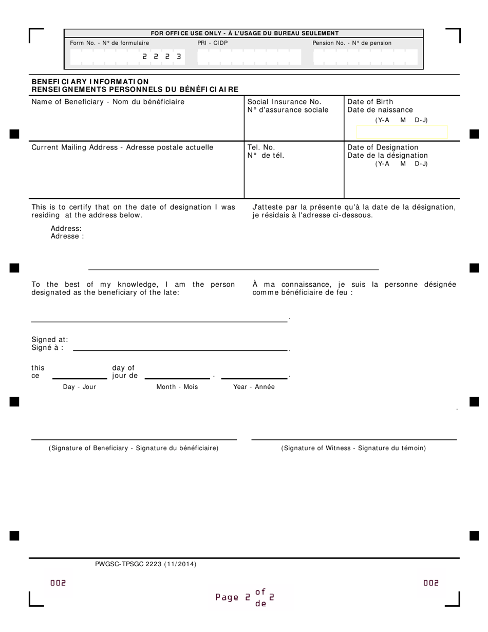 Form PWGSC-TPSGC2223 Supplementary Death Benefit Plan - Beneficiary Information - Canada (English / French), Page 2