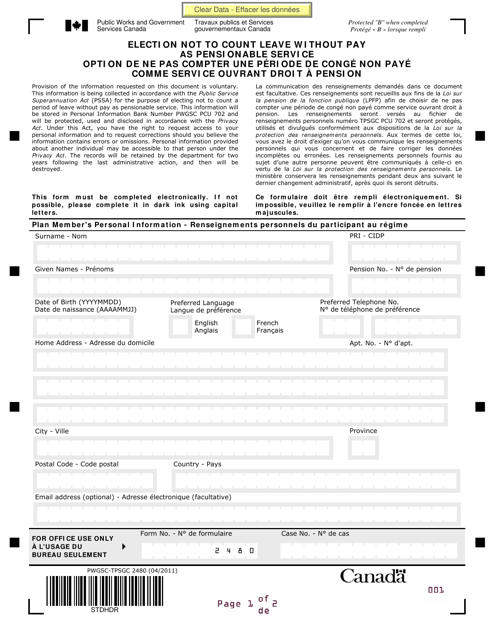 Form PWGSC-TPSGC2480 Election Not to Count Leave Without Pay as Pensionable Service - Canada (English/French)