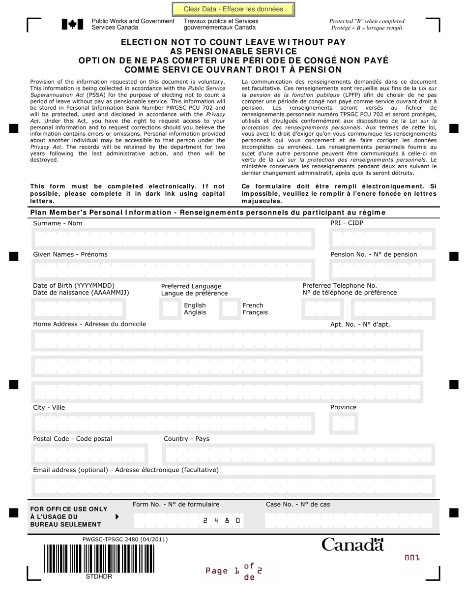 Form PWGSC-TPSGC2480 Election Not to Count Leave Without Pay as Pensionable Service - Canada (English / French), Page 1