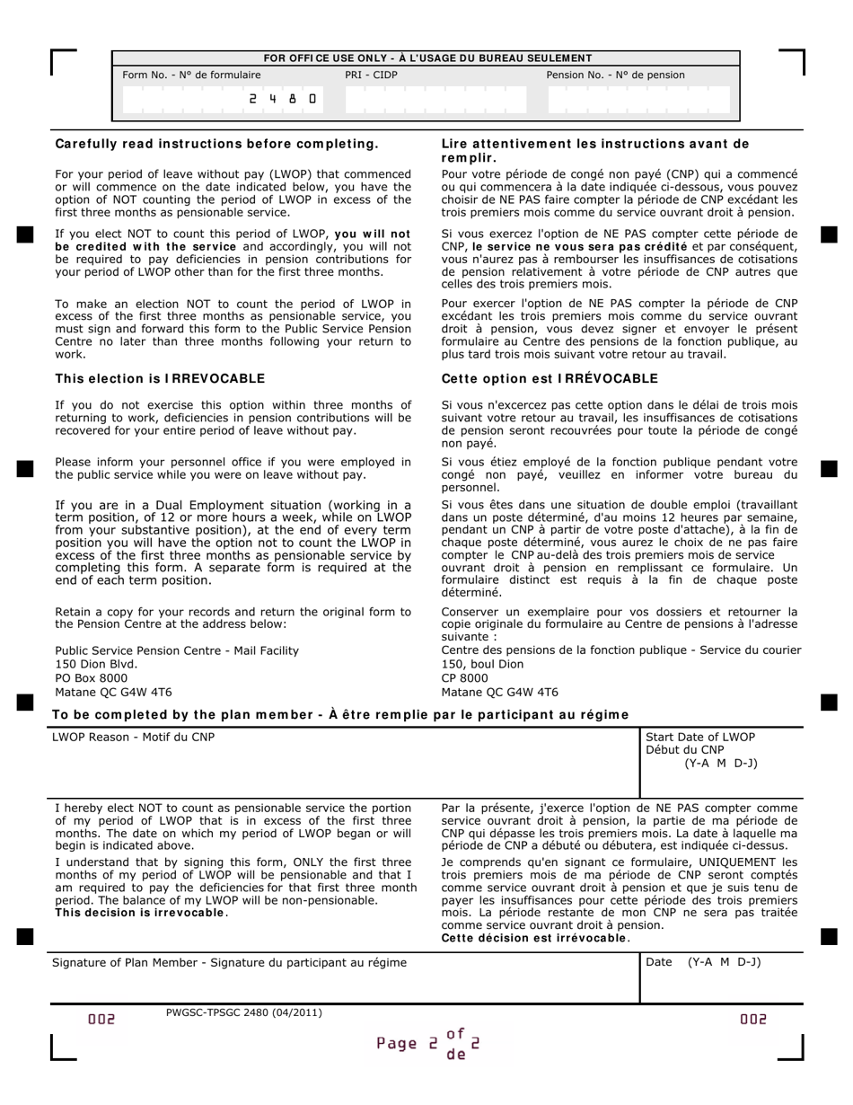 Form PWGSC-TPSGC2480 Election Not to Count Leave Without Pay as Pensionable Service - Canada (English / French), Page 2