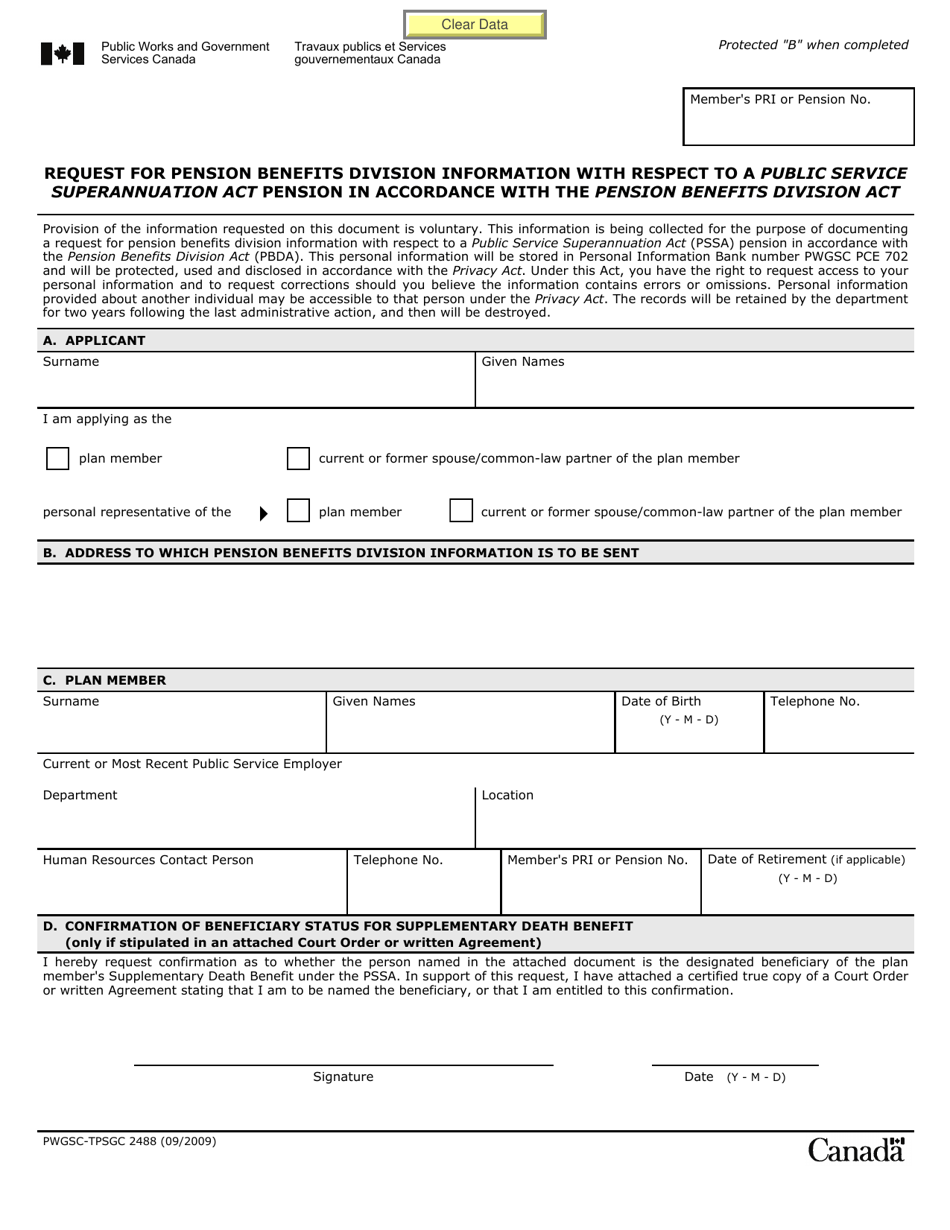 Form PWGSC-TPSGC2488 Request for Pension Benefits Division Information With Respect to a Public Service - Canada (English / French), Page 1