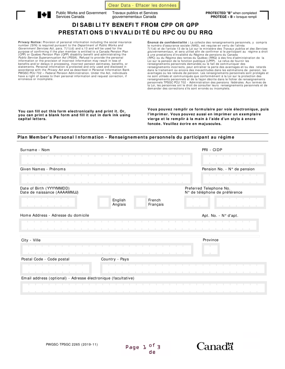 Form PWGSC-TPSGC2265 Disability Benefit From Cpp or Qpp - Canada (English / French), Page 1