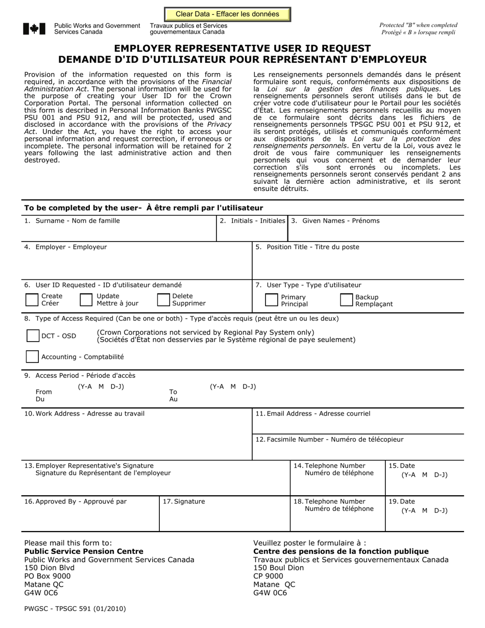 Form PWGSC-TPSGC591 Employer Representative User Id Request - Canada (English / French), Page 1