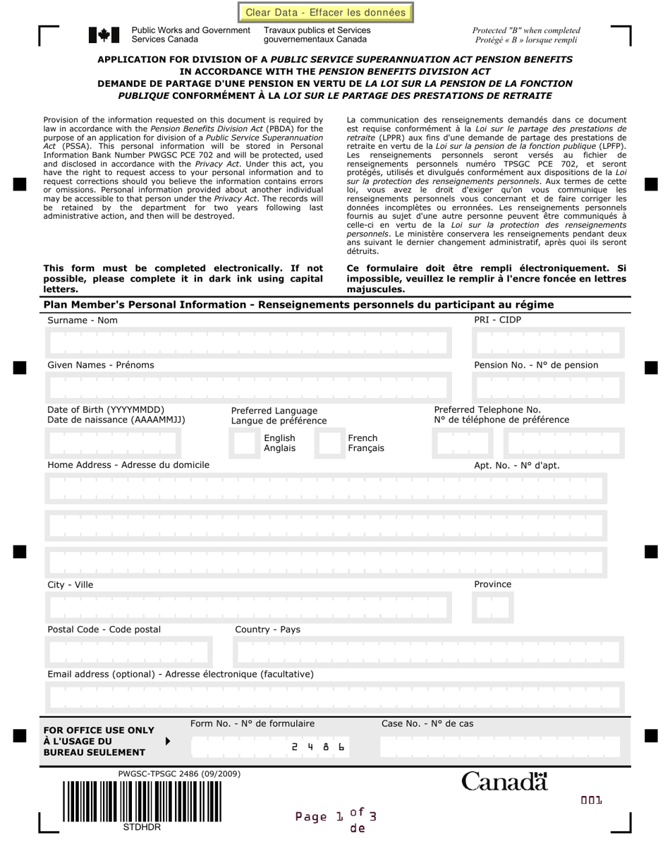 Form PWGSC-TPSGC2486 Application for Division of a Public Service Superannuation Act Pension Benefits in Accordance With the Pension Benefits Division Act - Canada (English/French), Page 1