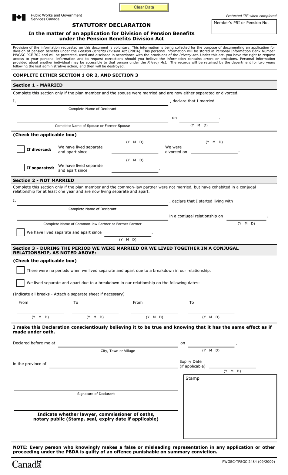 Form PWGSC-TPSGC2484 Statutory Declaration - Canada (English / French), Page 1