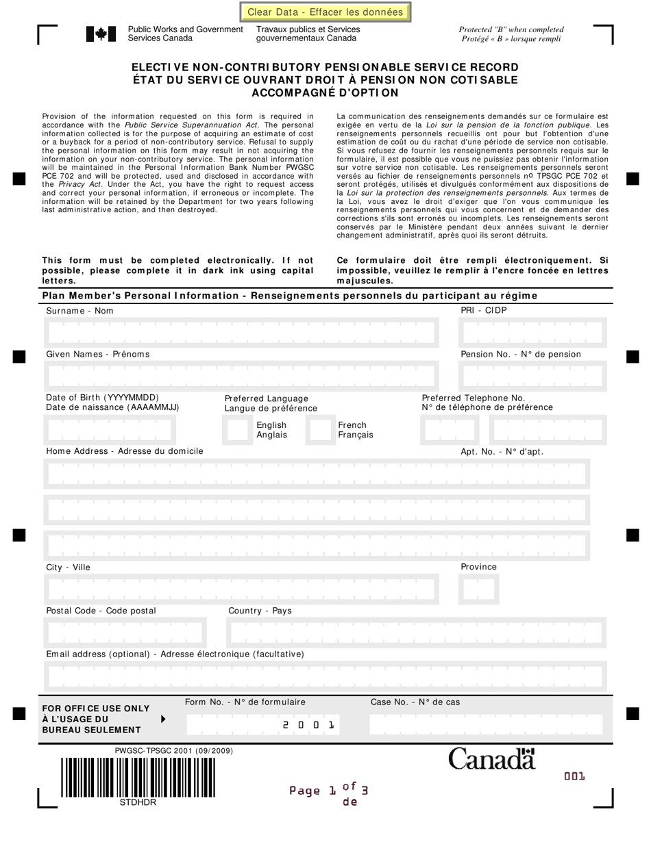 Form PWGSC-TPSGC2001 Elective Non-contributory Pensionable Service Record - Canada (English / French), Page 1