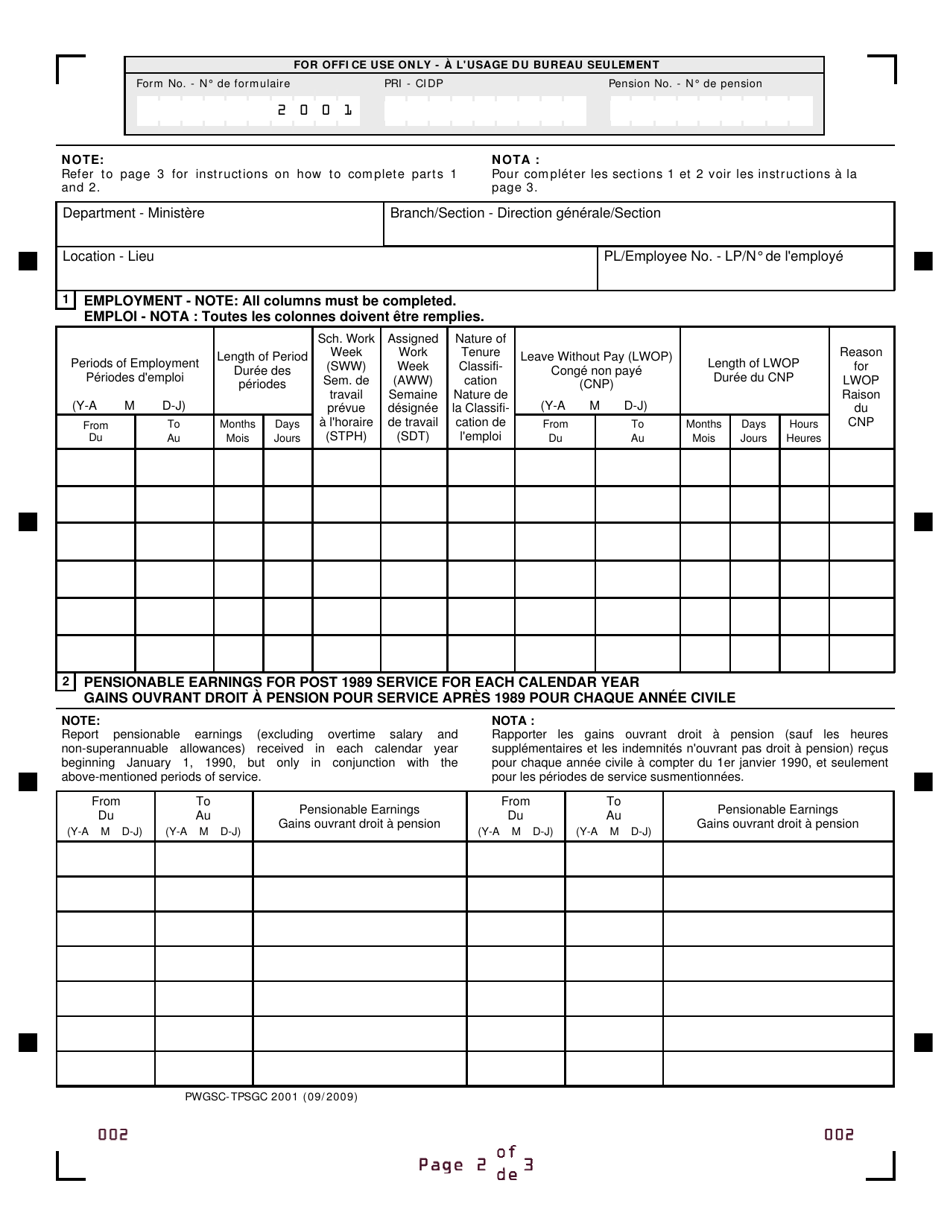 Form PWGSC-TPSGC2001 Elective Non-contributory Pensionable Service Record - Canada (English / French), Page 2