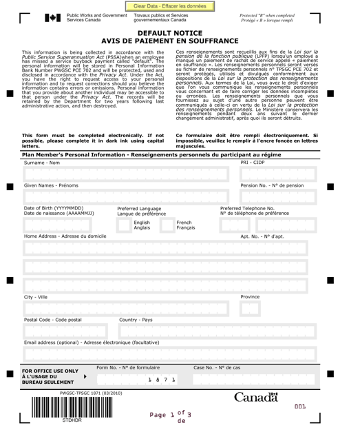 Form PWGSC-TPSGC1871 Default Notice - Canada (English/French)