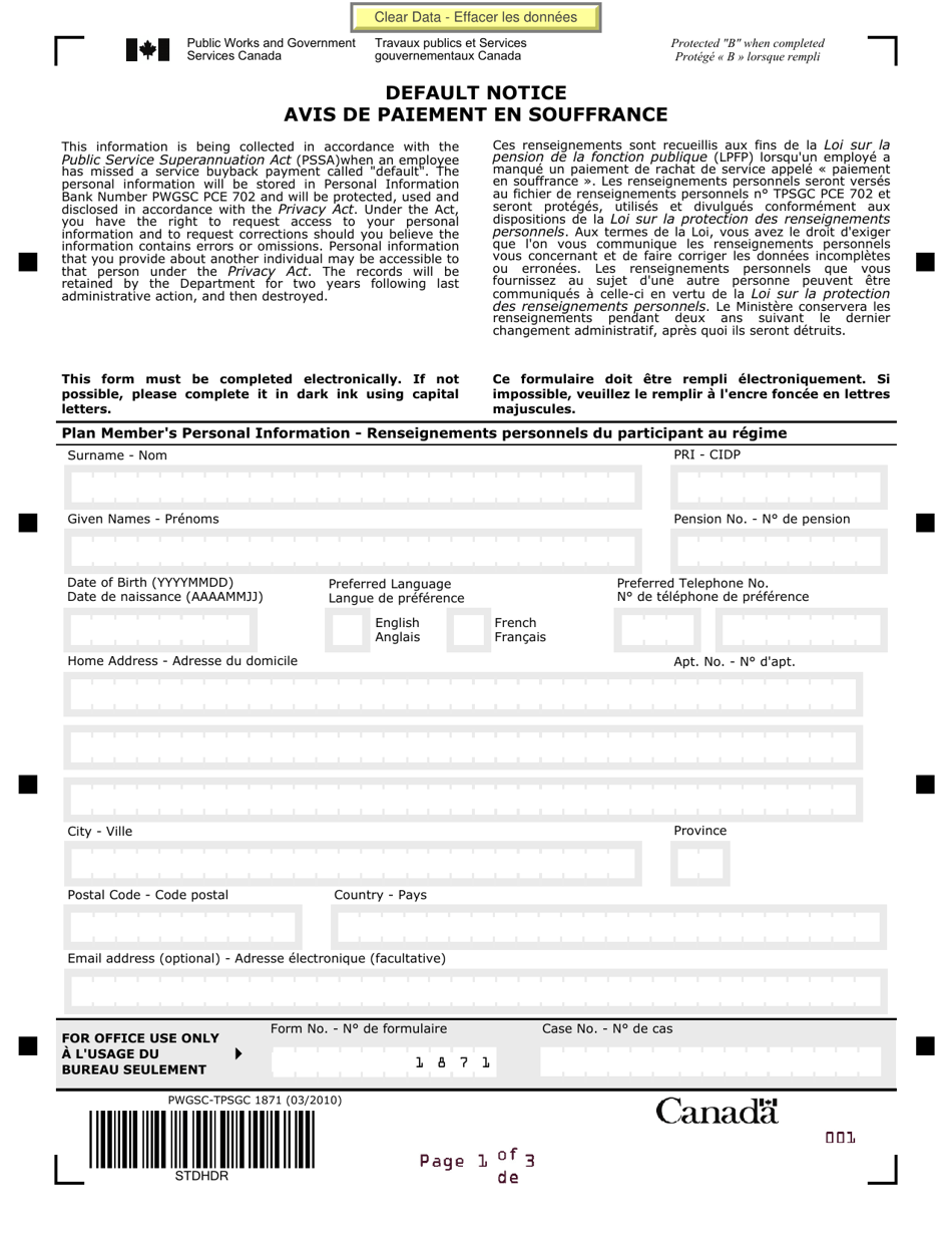 Form PWGSC-TPSGC1871 Default Notice - Canada (English / French), Page 1