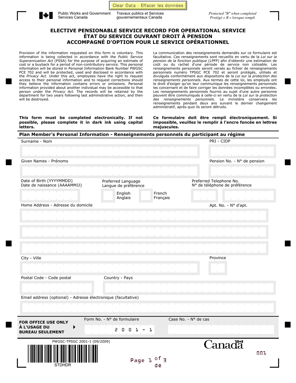 Form PWGSC-TPSGC2001-1 Elective Pensionable Service Record for Operational Service - Canada (English / French), Page 1