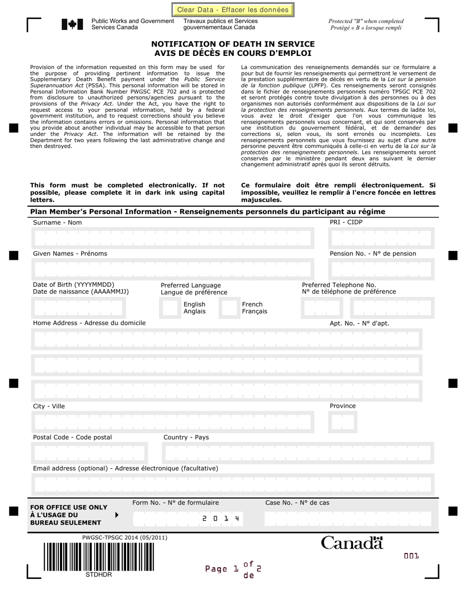 Form PWGSC-TPSGC2014 Notification of Death in Service - Canada (English / French), Page 1