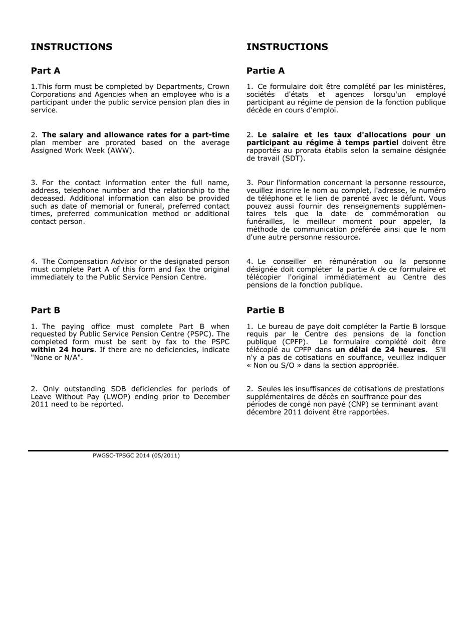 Form PWGSC-TPSGC2014 Notification of Death in Service - Canada (English / French), Page 3