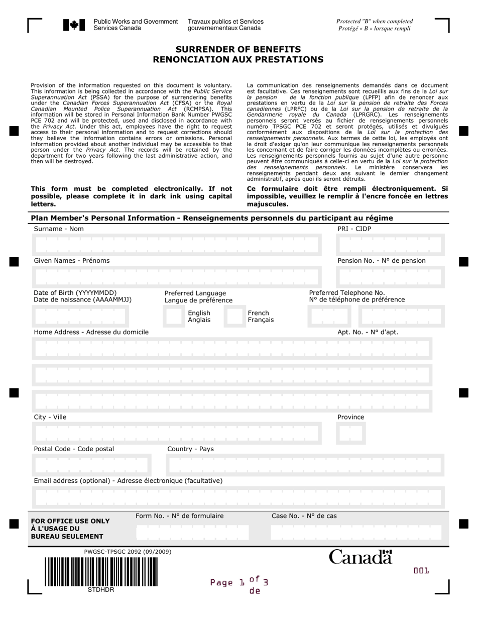 Form PWGSC-TPSGC2092 Surrender of Benefits - Canada (English / French), Page 1